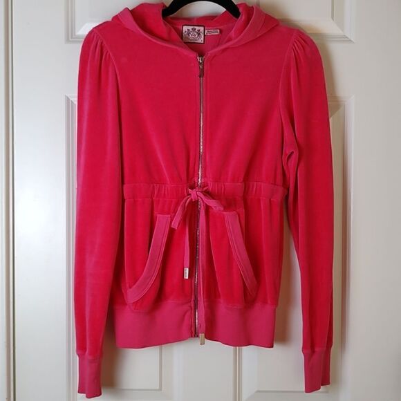 Juicy Couture Hot Pink Velour Full Zip Hoodie Drawstring Waist Jacket Size M - Picture 1 of 12